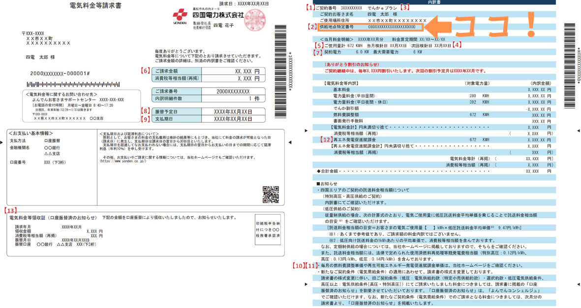 供給地点特定番号確認方法　四国電力　電気料金等請求書の場合