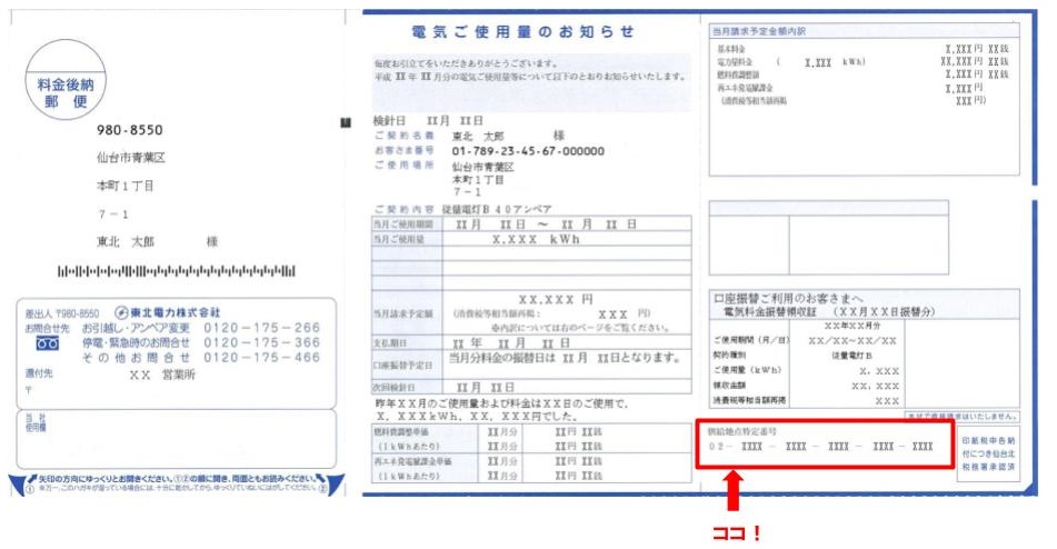 供給地点特定番号確認方法　東北電力　電気ご使用量のお知らせ（ハガキ）の場合