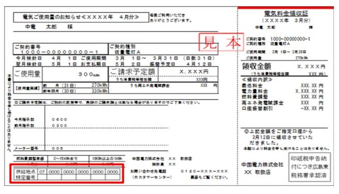 供給地点特定番号確認方法　電力　電気ご使用量のお知らせ（検針票）の場合