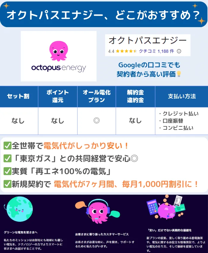 【北海道電力エリアでおすすめの電力会社】オクトパスエナジーのおすすめポイント：実質再エネ100%の電気、東京ガスとの共同経営で安心、新規申込で総額7,000円の電気代割引